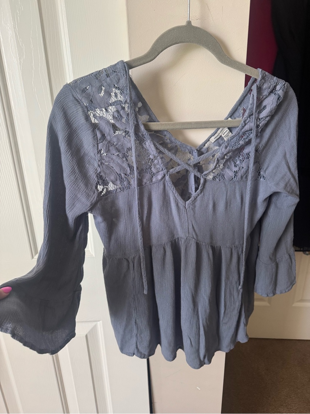 American Eagle Outfitters Lace Yoke Peasant Top - Dusty Blue